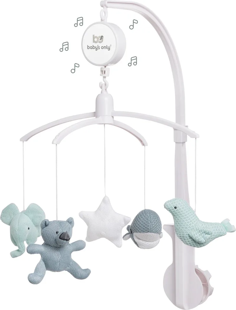 Muziekmobiel baby - Boxmobiel - Stonegreen/Mint/Wit - Gebreide figuurtjes - Muziek speelgoed - Melodie 'It's a small world' van Baby's Only in Stonegreen – productfoto