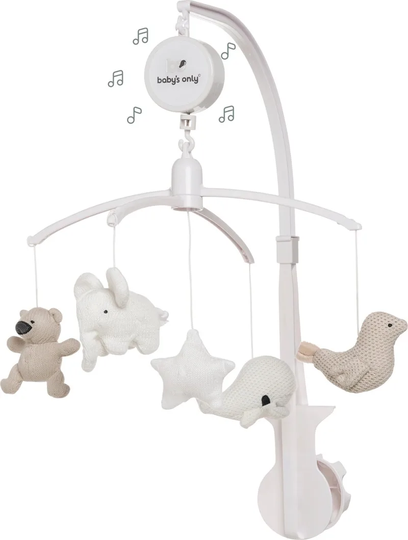 Muziekmobiel baby - Boxmobiel - Zand/Wolwit/Wit - Gebreide figuurtjes - Muziek speelgoed - Melodie 'It's a small world' de Baby's Only en Zand – photo produit