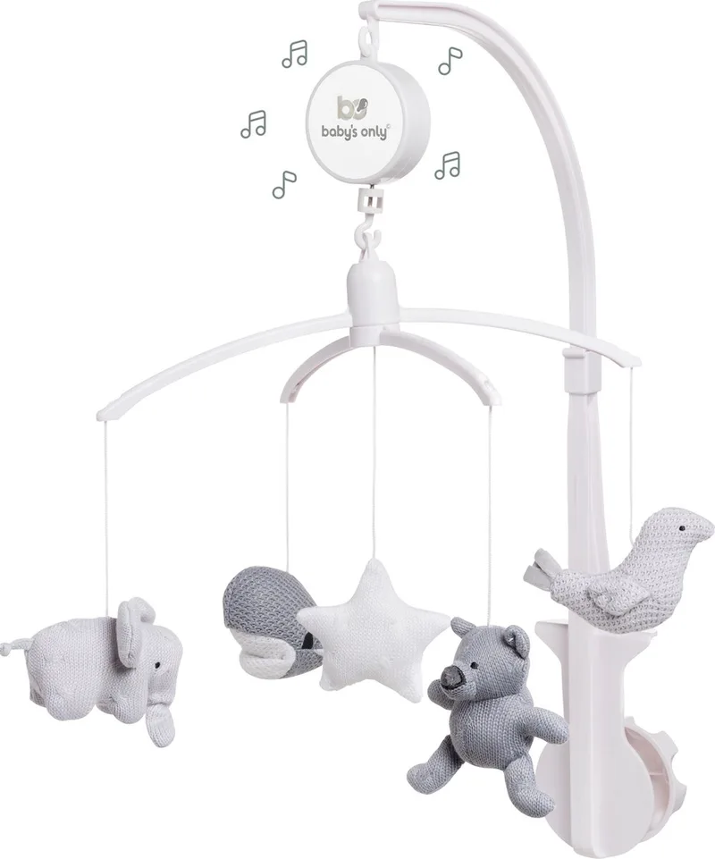 Muziekmobiel baby - Boxmobiel - Zilvergrijs/Grijs/Wit - Gebreide figuurtjes - Muziek speelgoed - Melodie 'It's a small world' van Baby's Only in Zilvergrijs – productfoto