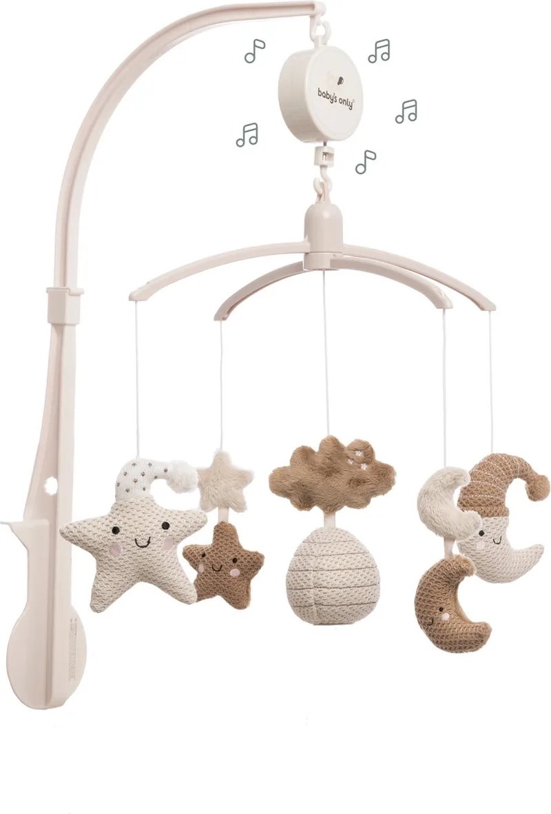 Muziekmobiel baby Heaven - Boxmobiel - Clay/Warm Linen - Gebreide figuurtjes - Muziek speelgoed - Melodie 'It's a small world' van Baby's Only in Clay – productfoto