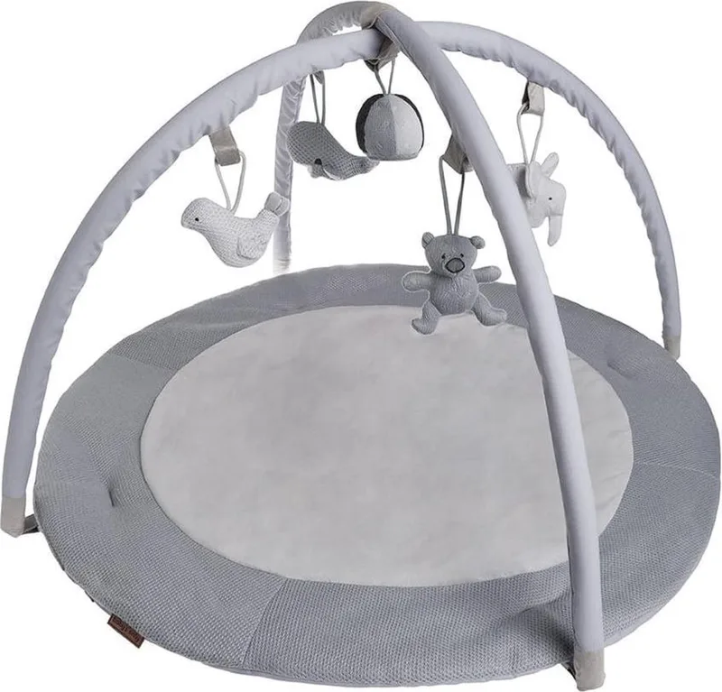 Rond baby speelkleed met boog - Baby gym - Playmat - Speelmat - Zilvergrijs/Grijs/Wit - 87 cm - Gebreide figuurtjes van Baby's Only in Zilvergrijs – productfoto