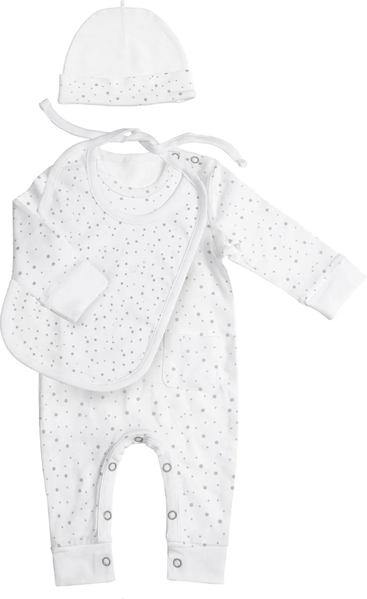 Kledingset van organisch katoen - Babypakje, mutsje en slab - Baby cadeau de BamBam en Blanc – photo produit