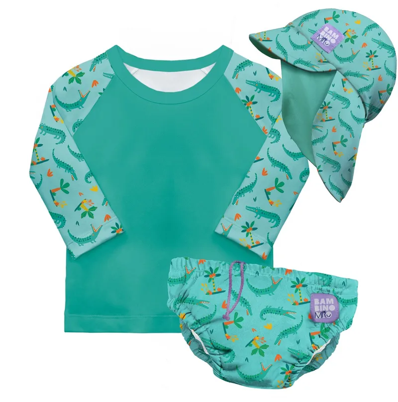 3-delige baby zwemset met herbruikbare zwemluier, UV-zwemshirt en zonnehoedje - motief met sluwe krokodillen van Bambino Mio – productfoto