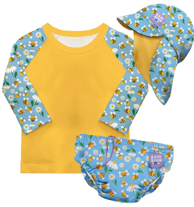 3-delige baby zwemset met herbruikbare zwemluier, UV-zwemshirt en zonnehoedje - Bijenmotief