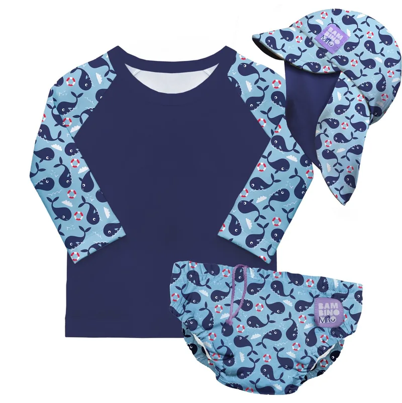 3-delige baby zwemset met herbruikbare zwemluier, UV-zwemshirt en zonnehoedje - Blauwe Walvis motief de Bambino Mio – photo produit