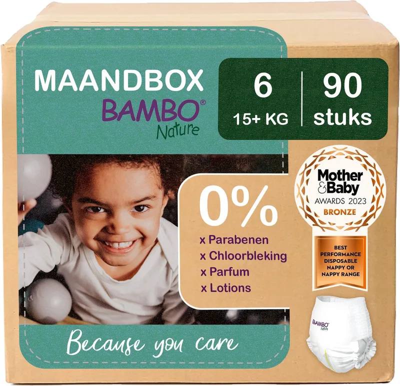 Luierbroekjes - Maat 6 (15+ kg) - 90 stuks Maandbox - 0% onnodige toevoegingen - Ideaal voor de gevoelige huid - Nordic Swan Ecolabel van BAMBO Nature – productfoto