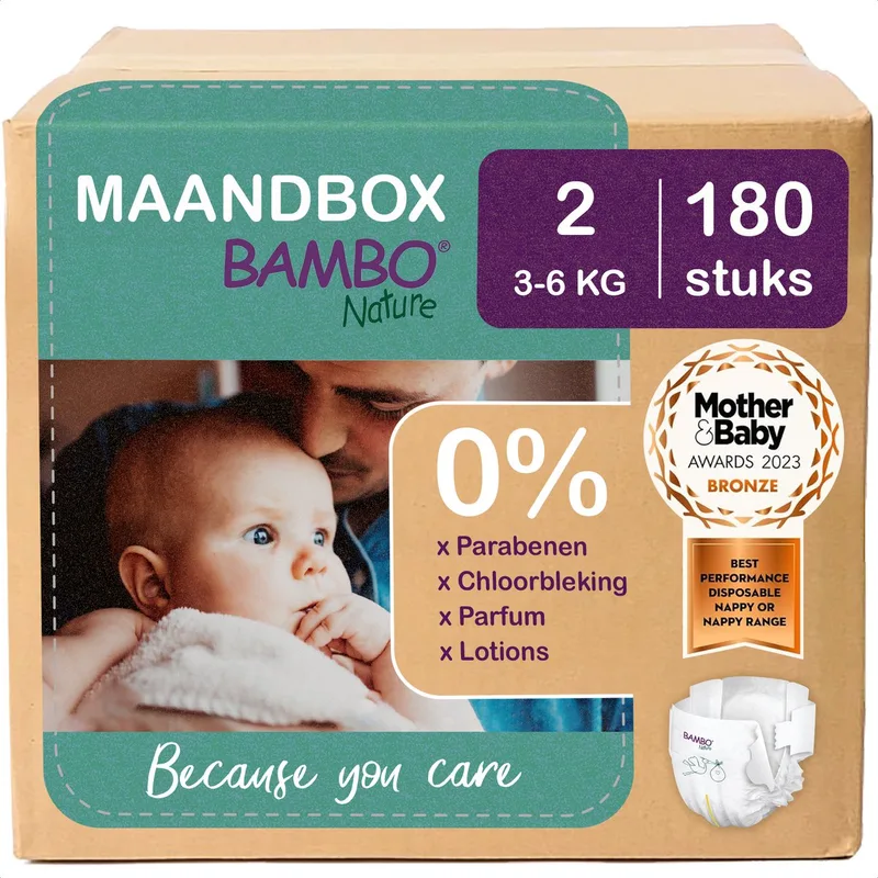 luiers - Maat 2 (3-6 kg) - 180 stuks Maandbox - 0% onnodige toevoegingen - Ideaal voor de gevoelige huid - Nordic Swan Ecolabel från BAMBO Nature – produktbild