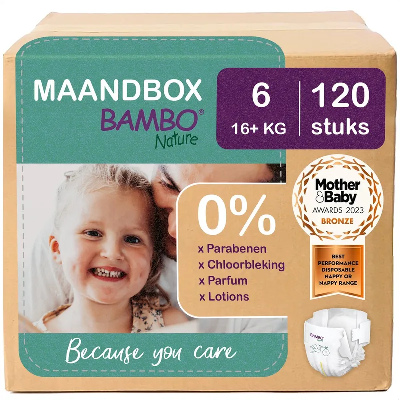 Luiers - Maat 6 (16+ kg) - 120 stuks Maandbox - 0% onnodige toevoegingen - Ideaal voor de gevoelige huid - Nordic Swan Ecolabel by BAMBO Nature – product photo