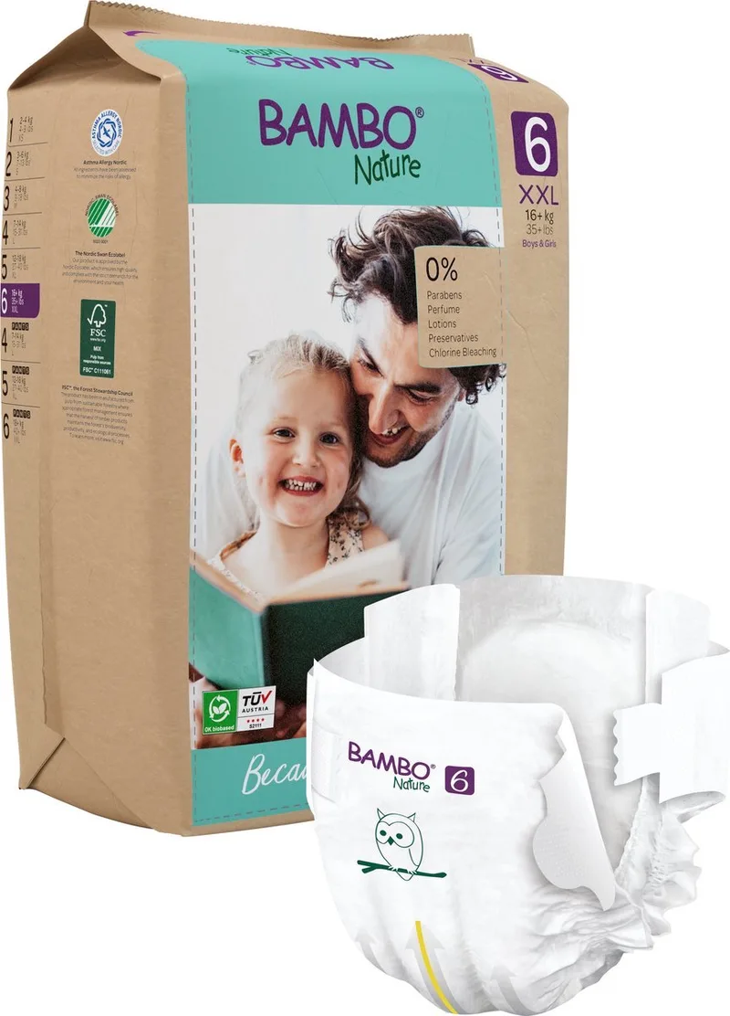 Luiers Maat 6 - 16 tot 30 kg - 20 Stuks - Milieuvriendelijke Baby Luiers - Huidvriendelijk en Ademend - Hoge Absorptie en Lekbescherming - Zacht Comfort voor Actieve Peuters - Duurzame Keuze voor Dag en Nacht van BAMBO Nature – productfoto