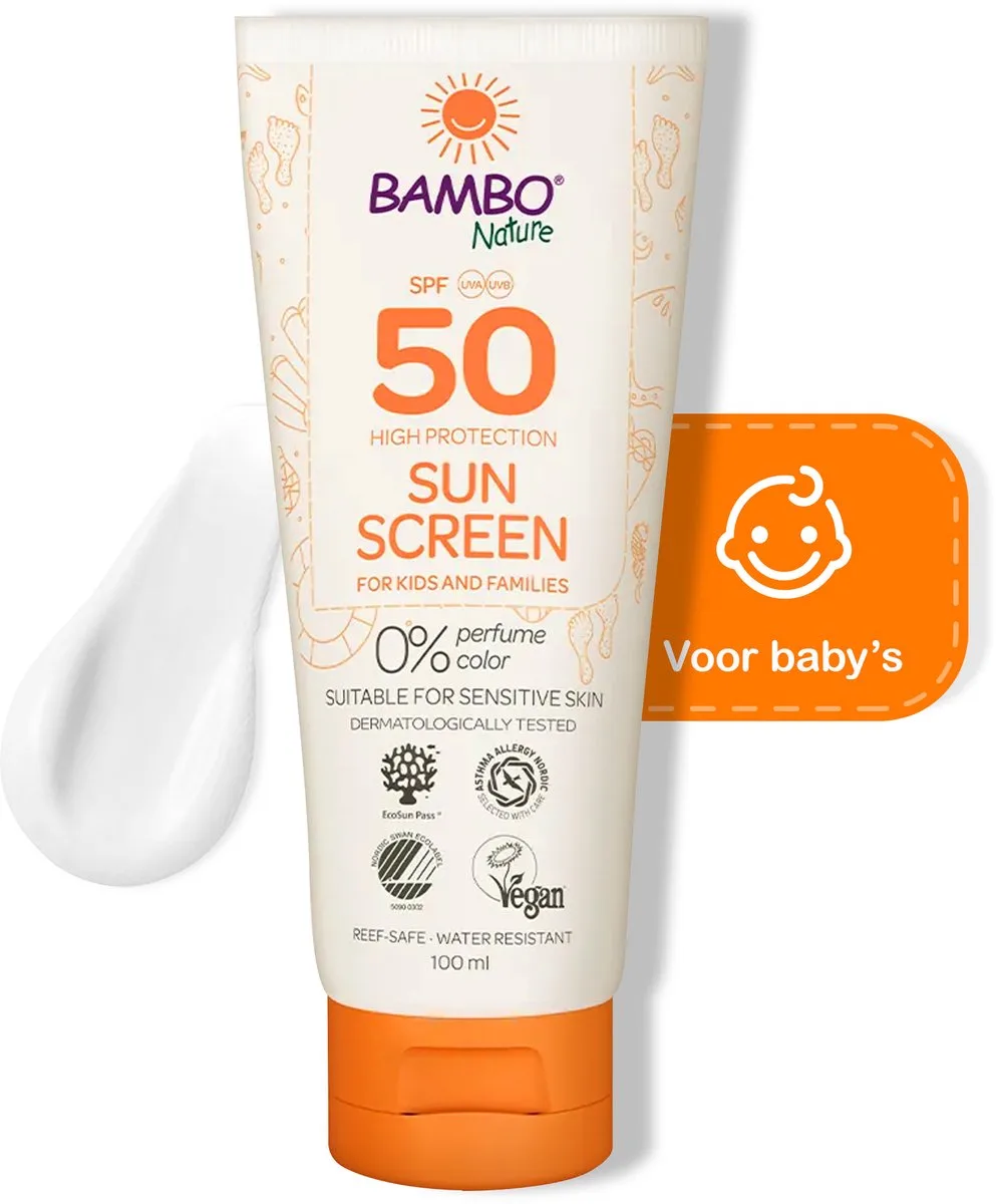 Zonnebrandlotion - 50 SPF - Bescherming voor je kind en Hele Gezin - Waterafstotend, Geur- en Kleurstofvrij - Vegan & Dermatologisch Getest - 100 ML de Bambo Nature – photo produit