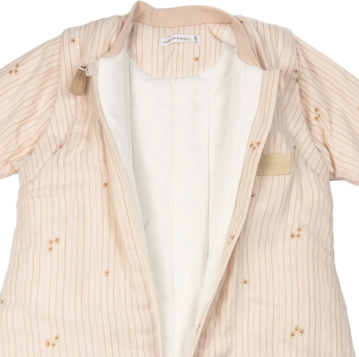 Winterslaapzak Mini met Armen en Voeten - 6‑18M - 75 cm - Mousseline Flowers Stripe von Bamboom in Beige – Produktfoto