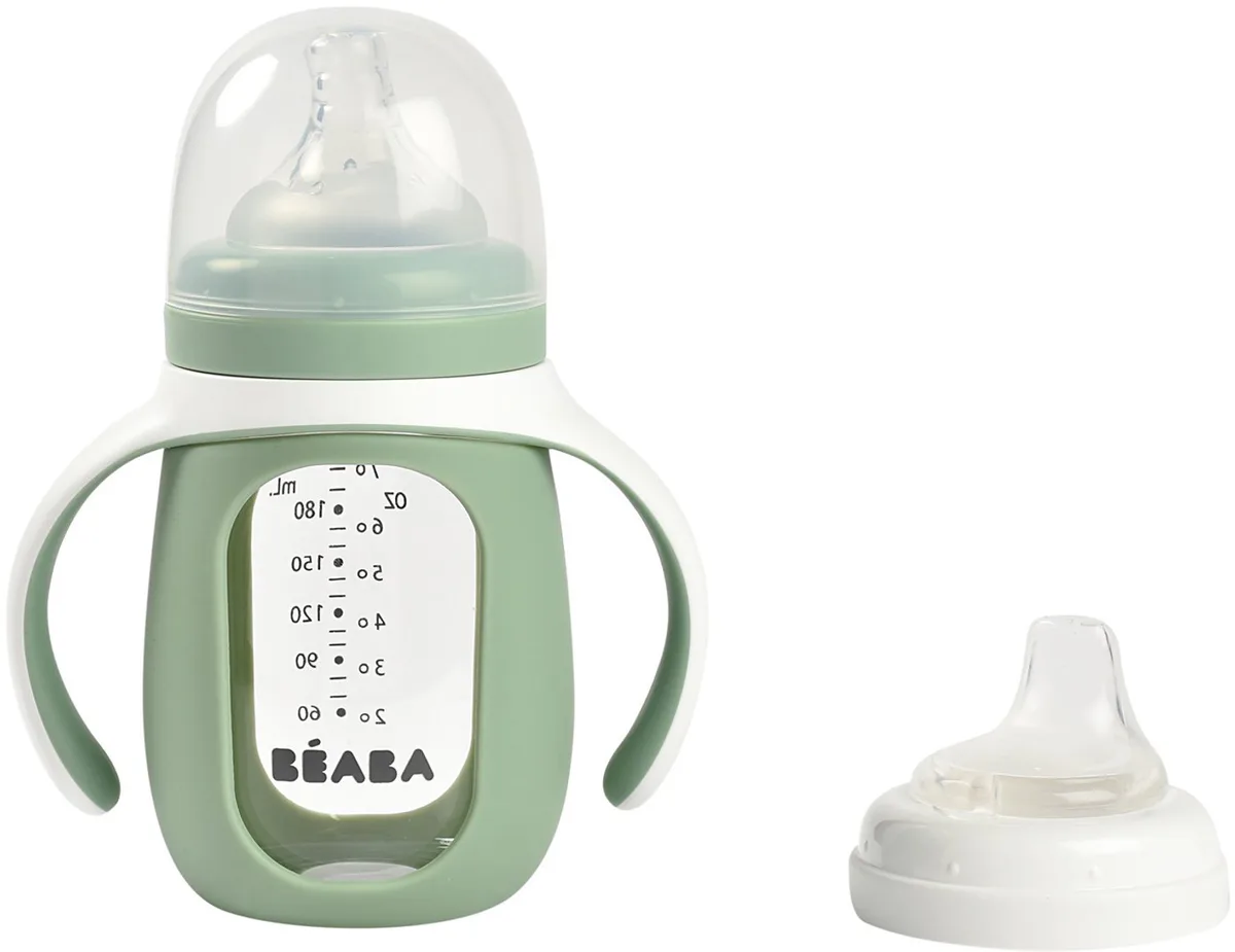 Béaba 2-in-1 Glazen Meegroeifles - Glazen Babyfles met Siliconen Hoes & Handgrepen - Lekvrij & Duurzaam - BPA-vrij - Met Speen & Siliconen Tuit - 210ml från Béaba i Grön – produktbild