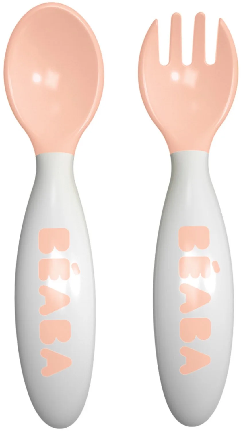 Ergonomisch Bestek setje met Reisetui – Lepel & Vork – 2e Leeftijd (8+ Maanden) - Vaatwasbestendig Babybestek von Béaba in Rosa – Produktfoto