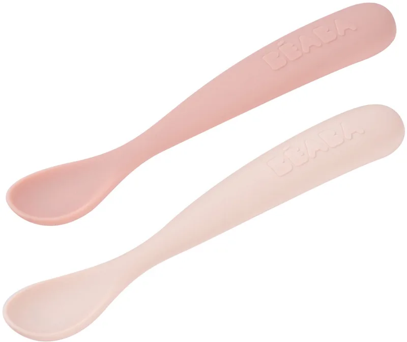 Lepelset Eerste Leeftijd – Set van 2 + Reisetui – Siliconen – Vanaf 4 Maanden – Ultrazachte Siliconen Lepels - Suikerspin van Béaba in Roze – productfoto