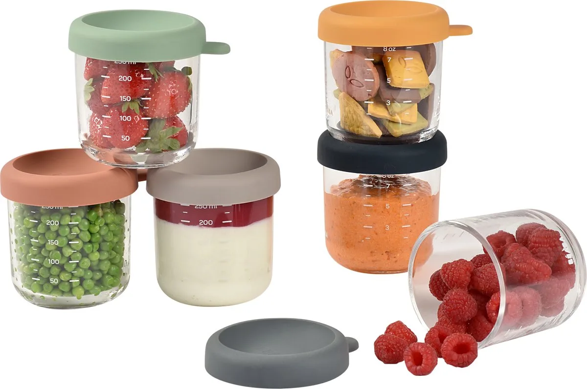 Set Glazen Bewaarpotjes - 6x 250 ml - Hermetisch Afsluitbaar - Sunrise Colormix - Geschikt voor Vriezer & Magnetron - Microgolfoven by Béaba in Transparent – product photo