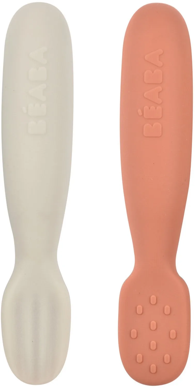 Set van 2 Siliconen lepels - Oefenlepel Baby - Vanaf 4 maanden - Ergonomisch & Zacht - Terracotta/Velvet Grey by Béaba in Beige – product photo