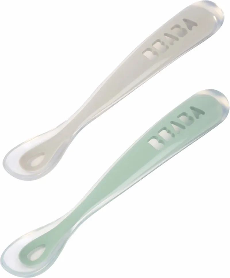 Siliconen Baby Lepeltjes - Kinderbestek - Eetlepel baby - Set van 2 - 4+ Maanden - Grijs/groen van Béaba in Grijs – productfoto
