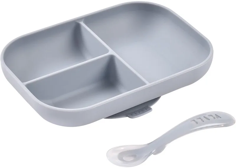 Siliconen Eetset - Bord met 3 Vakjes en Lepel - Kinderservies met Zuignap - Vaatwasserbestendig Kinderservies från Béaba i Blå – produktbild