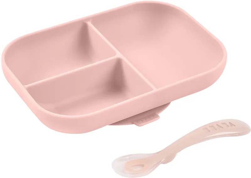 Siliconen Eetset - Bord met 3 Vakjes en Lepel - Kinderservies met Zuignap - Vaatwasserbestendig Kinderservies by Béaba in Pink – product photo
