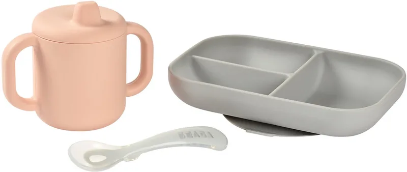 Siliconen Maaltijdset – 3-delig – Vakjesbord met Zuignap, Leerbeker & Lepel - Kinderservies voor Baby en Peuter van Béaba in Roze – productfoto