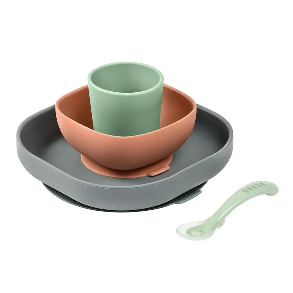 Siliconen Maaltijdset Met Zuignap (4St) - Mineral Groen / Terracotta van Béaba – productfoto