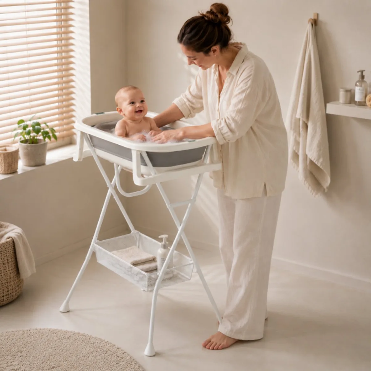 Babybadje met Standaard – Badset 4-in-1 – Opvouwbaar – Met Thermometer en Badzitje – Grijs van Bebies First in Wit – productfoto