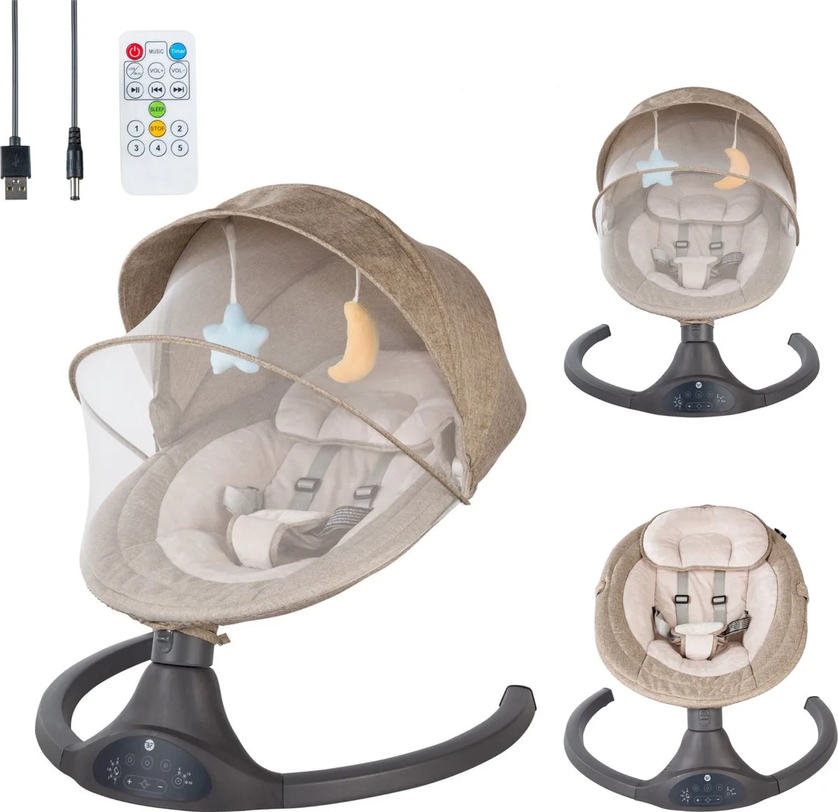 Elektrische Wipstoel/ Schommelstoel Met Bluetoothfunctie Relax Met Kap & Speelboog från Bebies First i Beige – produktbild
