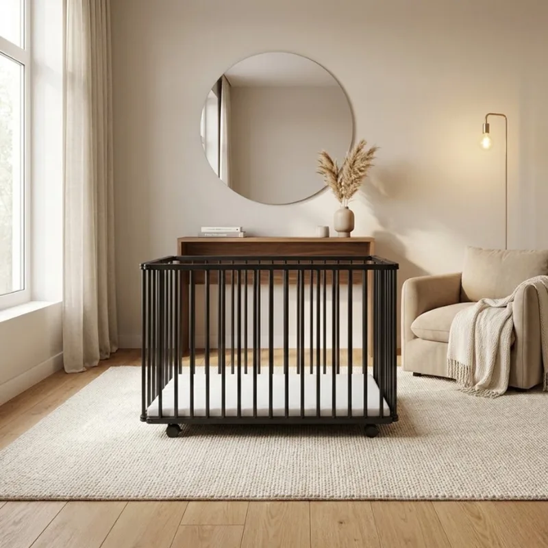 LIAM Babybox Inklapbaar / Baby box – Kinderbox / Playpen Met Wieltjes - 99 x 75 x 74 cm van Bebies First in Zwart – productfoto