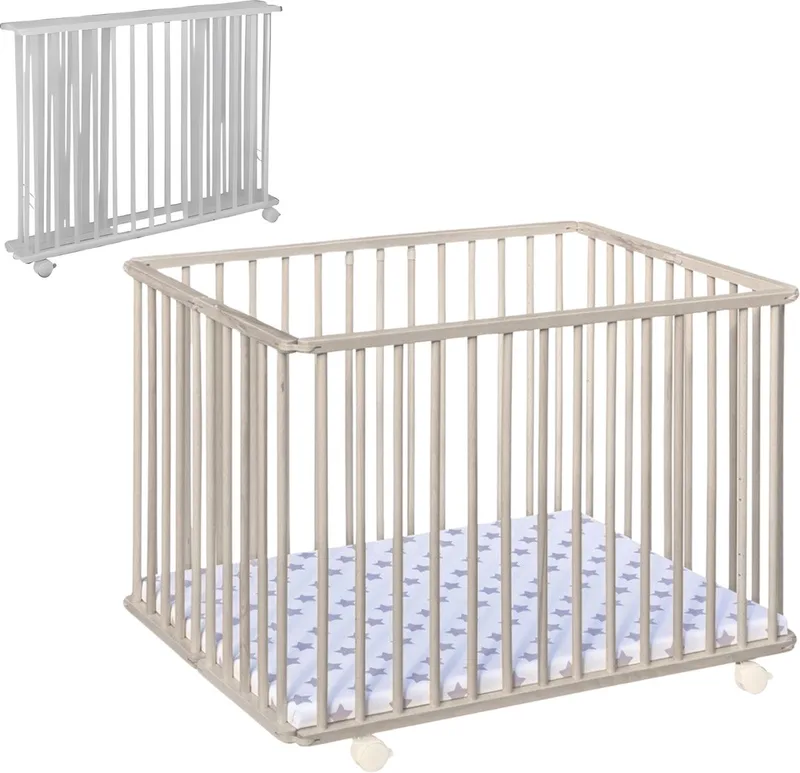 LIAM Babybox Inklapbaar / Baby box – Kinderbox / Playpen Met Wieltjes - 99 x 75 x 74 cm - Clay van Bebies First in Beige – productfoto