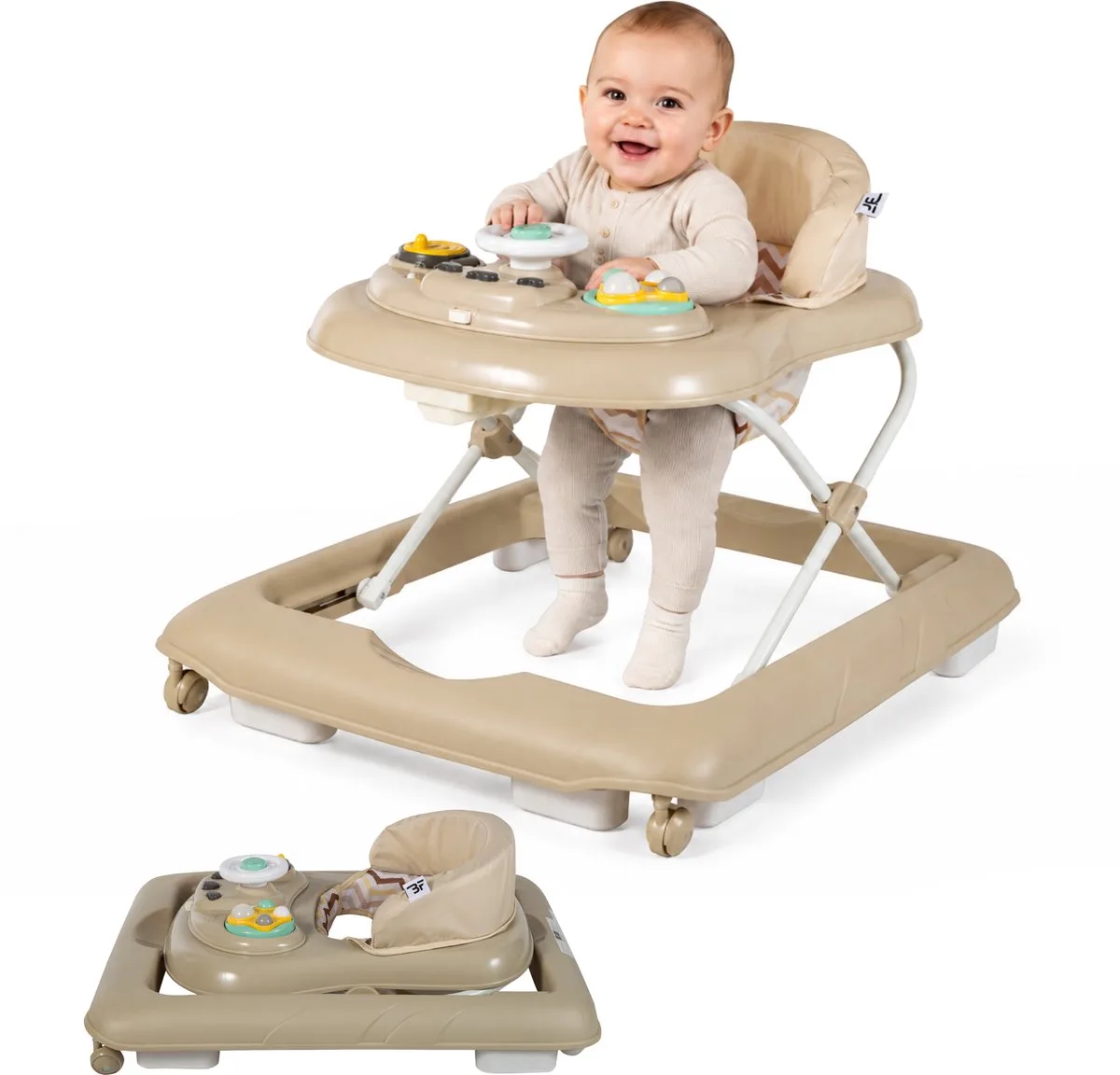 Loopstoel / Baby Walker – Makkelijk in te klappen – In hoogte verstelbaar – Met afneembare speelset von Bebies First in Taupe – Produktfoto