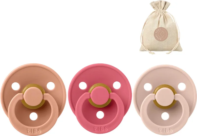 3 BIBS fopspenen maat 1 - Peach, Coral en Mushroom + BolleToet speenzakje van BIBS in Peach, Coral en Mushroom – productfoto