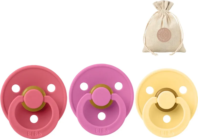 3 BIBS fopspenen maat 2 - Coral, Bubblegum en Pale Butter + BolleToet speenzakje van BIBS in Coral, Bubblegum en Pale Butter – productfoto