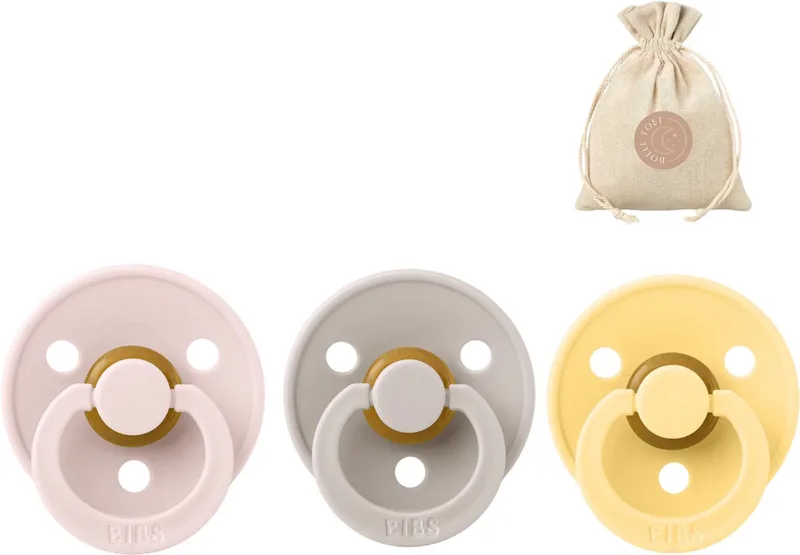 3 BIBS fopspenen maat 2 - Mushroom, Petal en Pale Butter + BolleToet speenzakje van BIBS in Mushroom, Petal en Pale Butter – productfoto