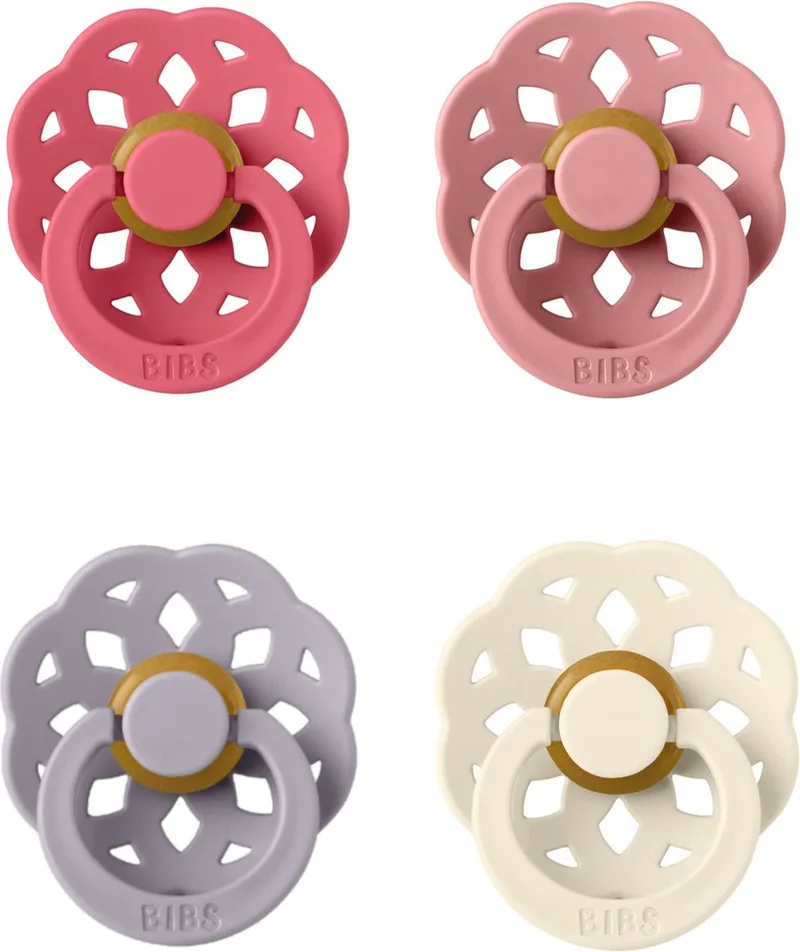 Boheme Fopspeen set 4 stuks 6-18 maanden maat 2 van BIBS in Coral, Dusty Pink, Dusky Lilac en Ivory – productfoto