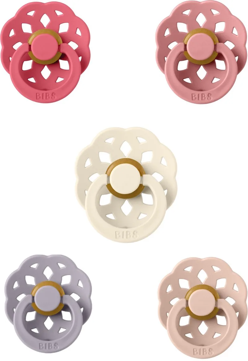 Boheme Fopspeen set 5 stuks Coral,Dusty PinkDusky Lilac,Blush en Ivory 6-18 maanden maat 2 by BIBS in Coral, Dusty Pin, Dusky Lilac, Blush en Ivory – product photo