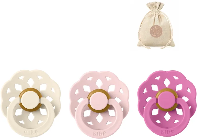boheme fopspenen - Maat 1 0 - 6 maanden - Bubblegum. Blossom, Ivory + Bolletoet speenzakje van BIBS in Bubblegum, Blossom, Ivoor – productfoto
