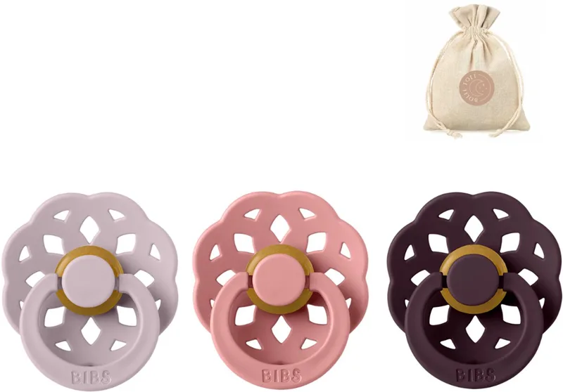 boheme fopspenen - Maat 1 0 - 6 maanden - Dusky Lilac , Dusty Pink, Plum + Bolletoet speenzakje fra BIBS i Dusky Lilac, Dusty Pink, Plum – produktbillede