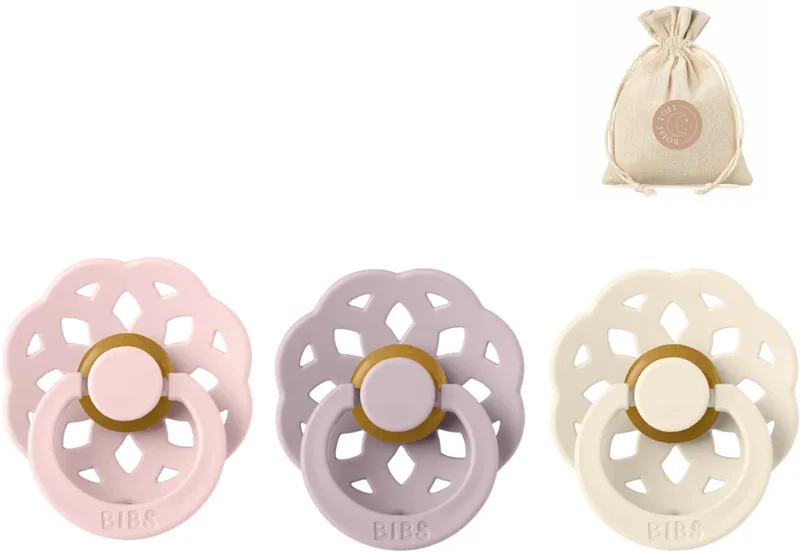boheme fopspenen - Maat 1 0 - 6 maanden - Ivory, Blossom, Dusky Lilac + Bolletoet speenzakje by BIBS in Ivory, Blossom, Dusky Lilac – product photo