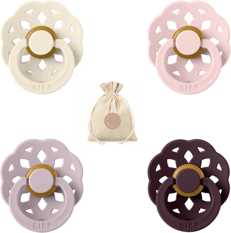 boheme fopspenen - Maat 1 0 - 6 maanden - Ivory, Dusky Lilac, Blossom, Plum + Bolletoet speenzakje by BIBS in Ivory, Blossom, Dusky Lilac, Plum – product photo