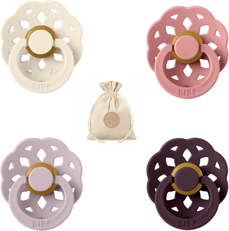 boheme fopspenen - Maat 1 0 - 6 maanden - Ivory, Dusky Lilac , Dusty Pink, Plum + Bolletoet speenzakje by BIBS in Ivory, Dusky Lilac, Dusty Pink, Plum – product photo