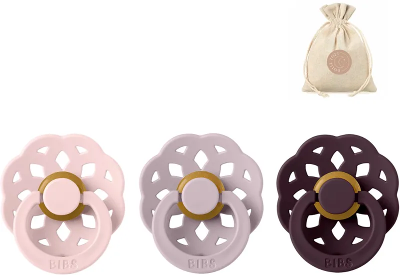 boheme fopspenen - Maat 2 6-18 maanden - Dusky Lilac, Blossom, Plum + Bolletoet speenzakje van BIBS in Blossom, Dusky Lilac, Plum – productfoto