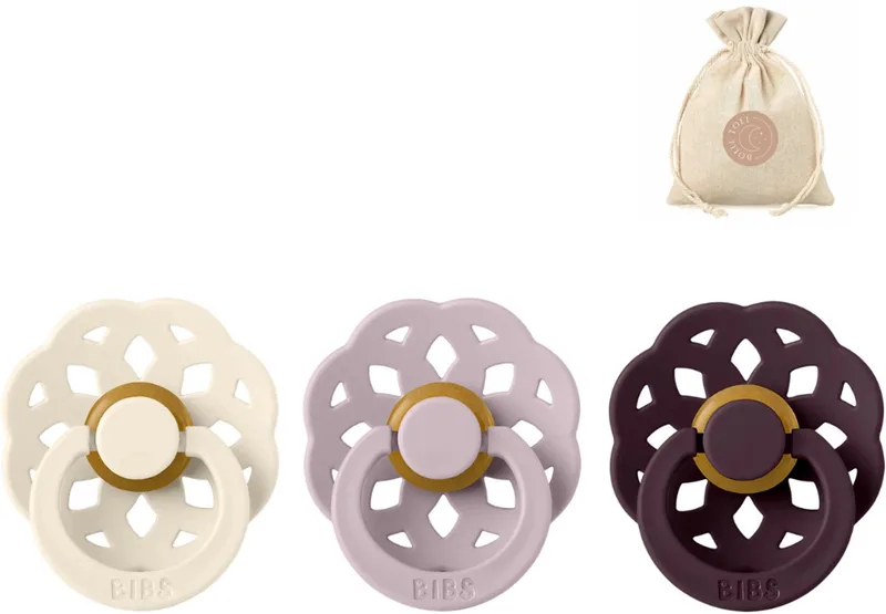 boheme fopspenen - Maat 2 6-18 maanden - Ivory, Dusky Lilac, Plum + Bolletoet speenzakje by BIBS in Dusky Lilac, Ivory, Plum – product photo