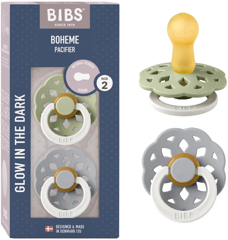 Boheme Glow Fopspeen - 6-18 mnd - 2-pack - Rond - Sage/Cloud de BIBS en Sage Glow, Cloud Glow – photo produit