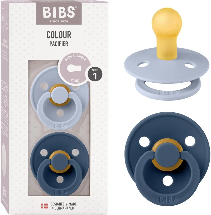 Colour fopspeen 0-6 mnd, 2 stuks, rond, stoffig blauw/staalblauw van BIBS in Dusty Blue, Steel Blue – productfoto