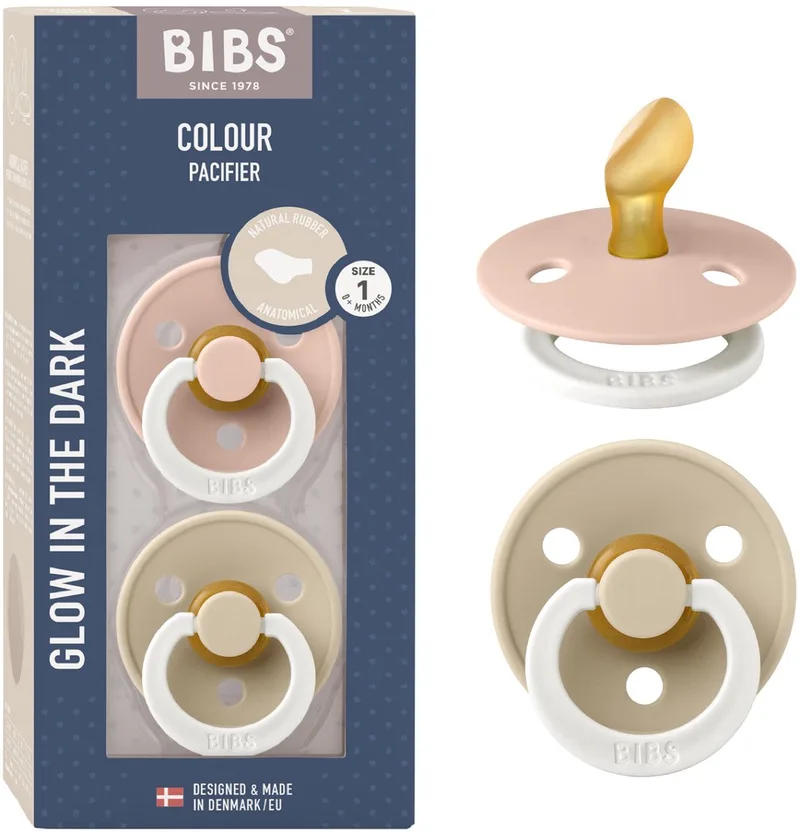Colour Glow fopspeen, 0-6 mnd, 2-pack, anatomisch, Blush/Vanilla van BIBS in Blush Glow, Vanilla Glow – productfoto