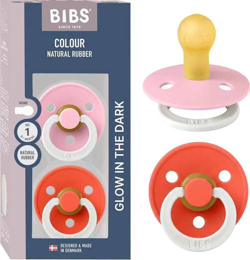 Colour Glow Fopspeen - 0-6 mnd - 2-pack - Rond - Baby Pink/Tango de BIBS en Baby Pink Glow, Tango Glow – photo produit