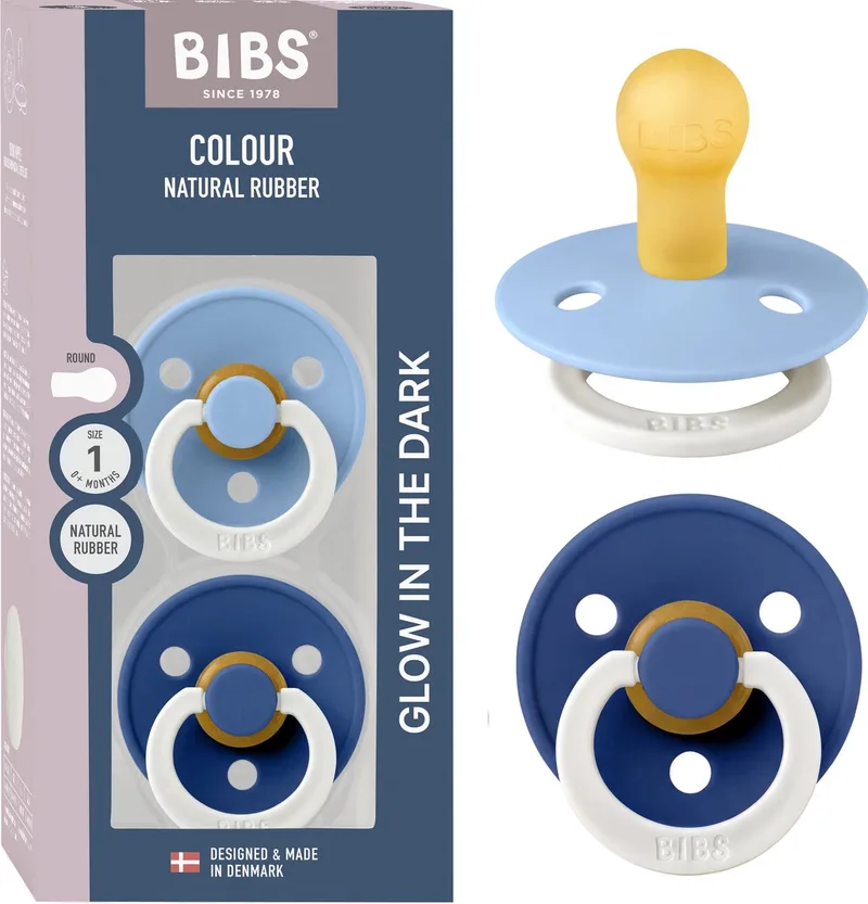 Colour Glow fopspeen, 0-6 mnd, 2-pack, rond, Sky Blue/Cornflower van BIBS in Sky Blue Glow, Cornflower Glow – productfoto