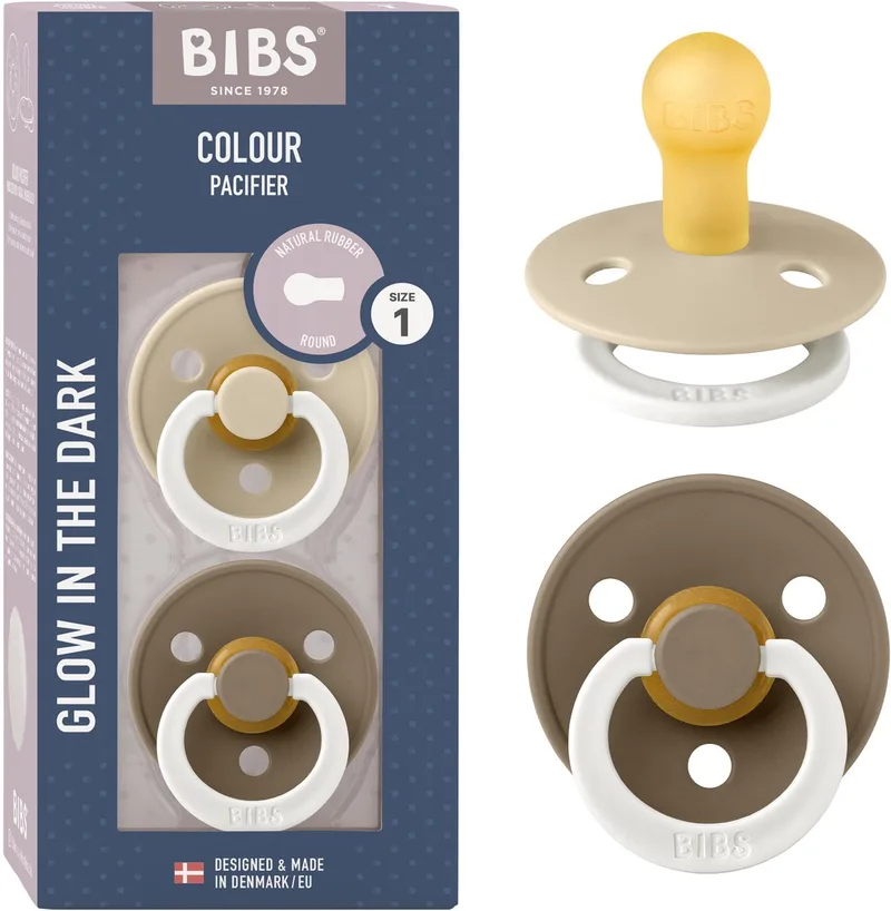 Colour Glow fopspeen, 0-6 mnd, 2-pack, rond, Vanilla/Dark Oak van BIBS in Vanilla Glow, Dark Oak Glow – productfoto