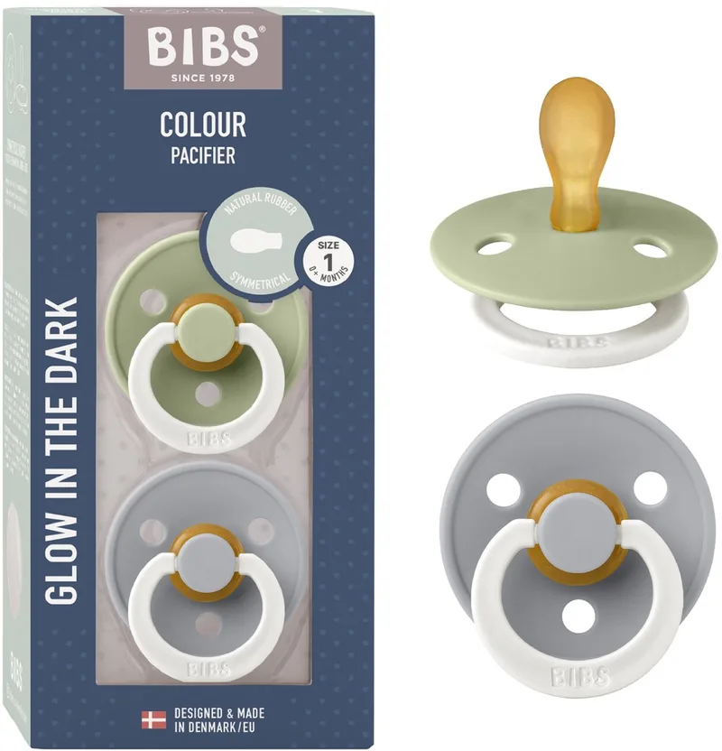 Colour Glow fopspeen, 0-6 mnd, 2-pack, symmetrisch, Sage/Cloud van BIBS in Sage Glow, Cloud Glow – productfoto