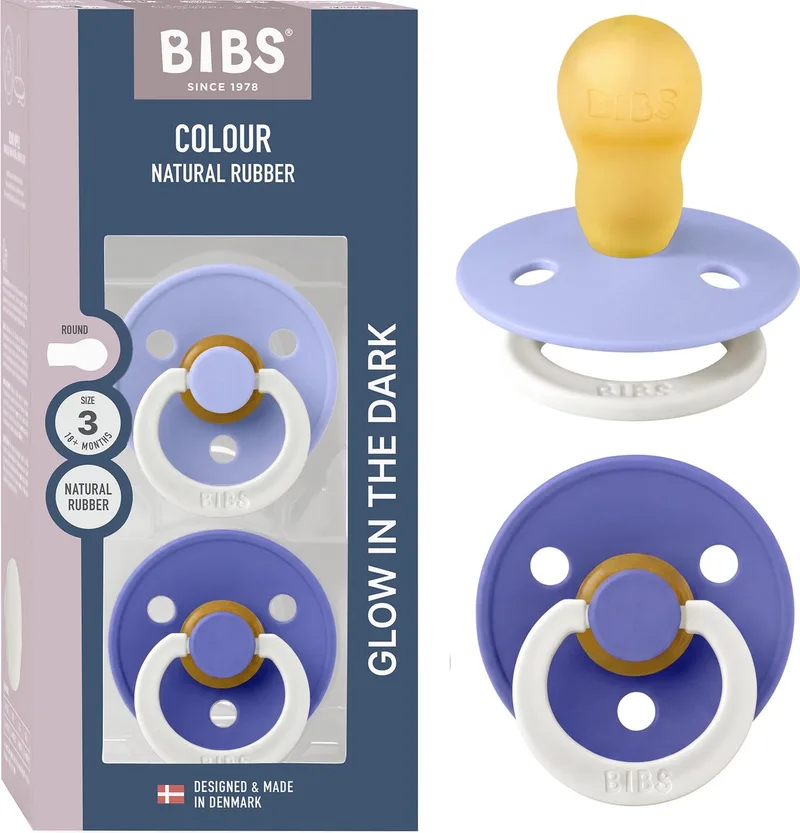 Colour Glow fopspeen, 18-48 mnd, 2-pack, rond, Hush/Grape van BIBS in Hush Glow, Grape Glow – productfoto